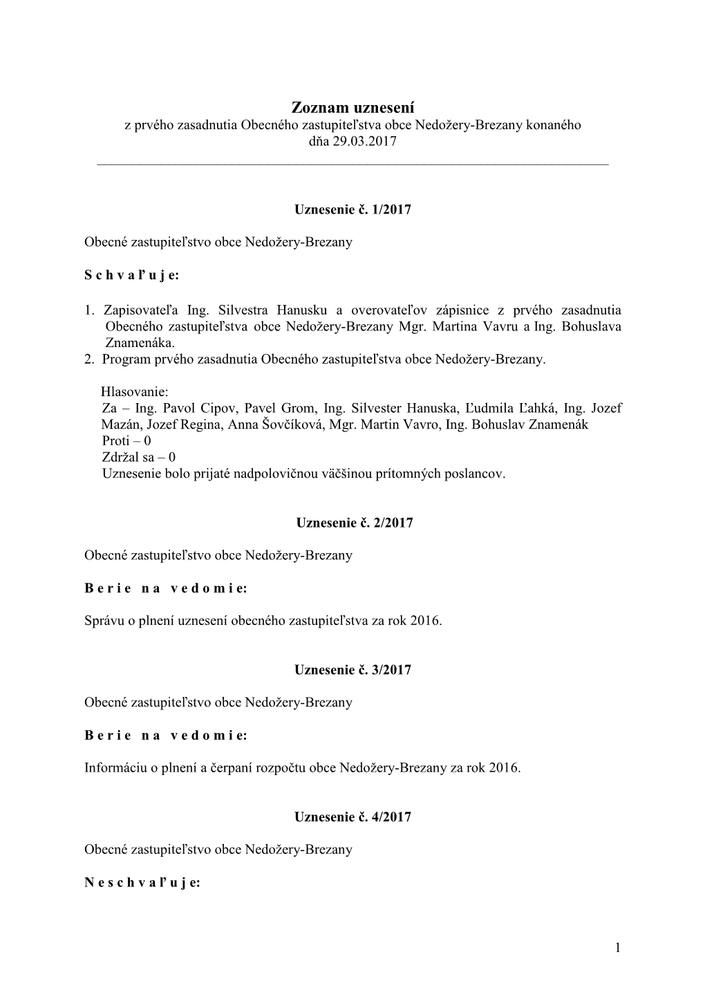 Zoznam Uznesení Z Prvého Zasadnutia Obecného Zastupiteľstva Obce Nedožery-Brezany Konaného Dňa 29.03.2017 ______