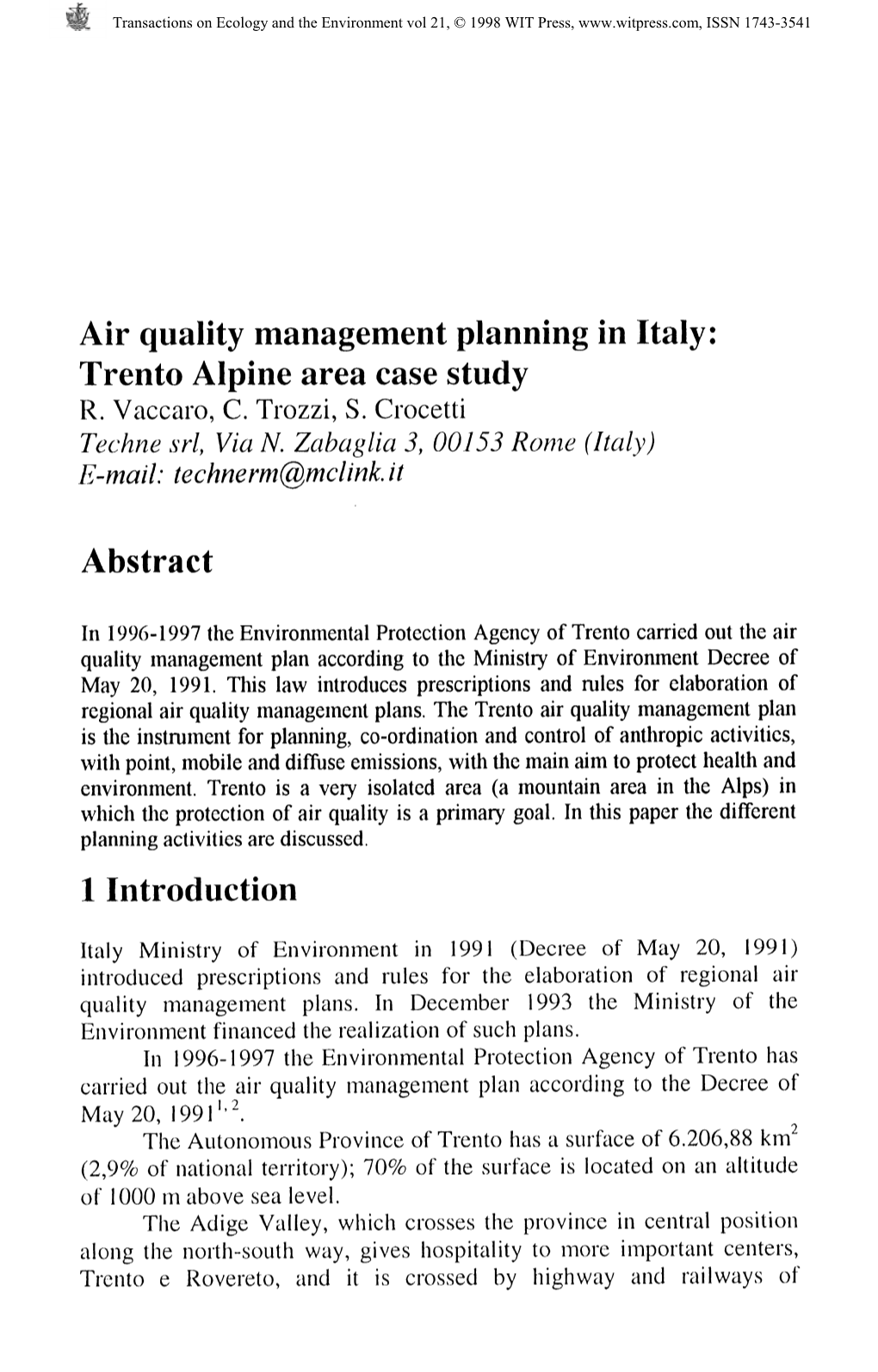 Air Quality Management Planning in Italy: Trento Alpine Area