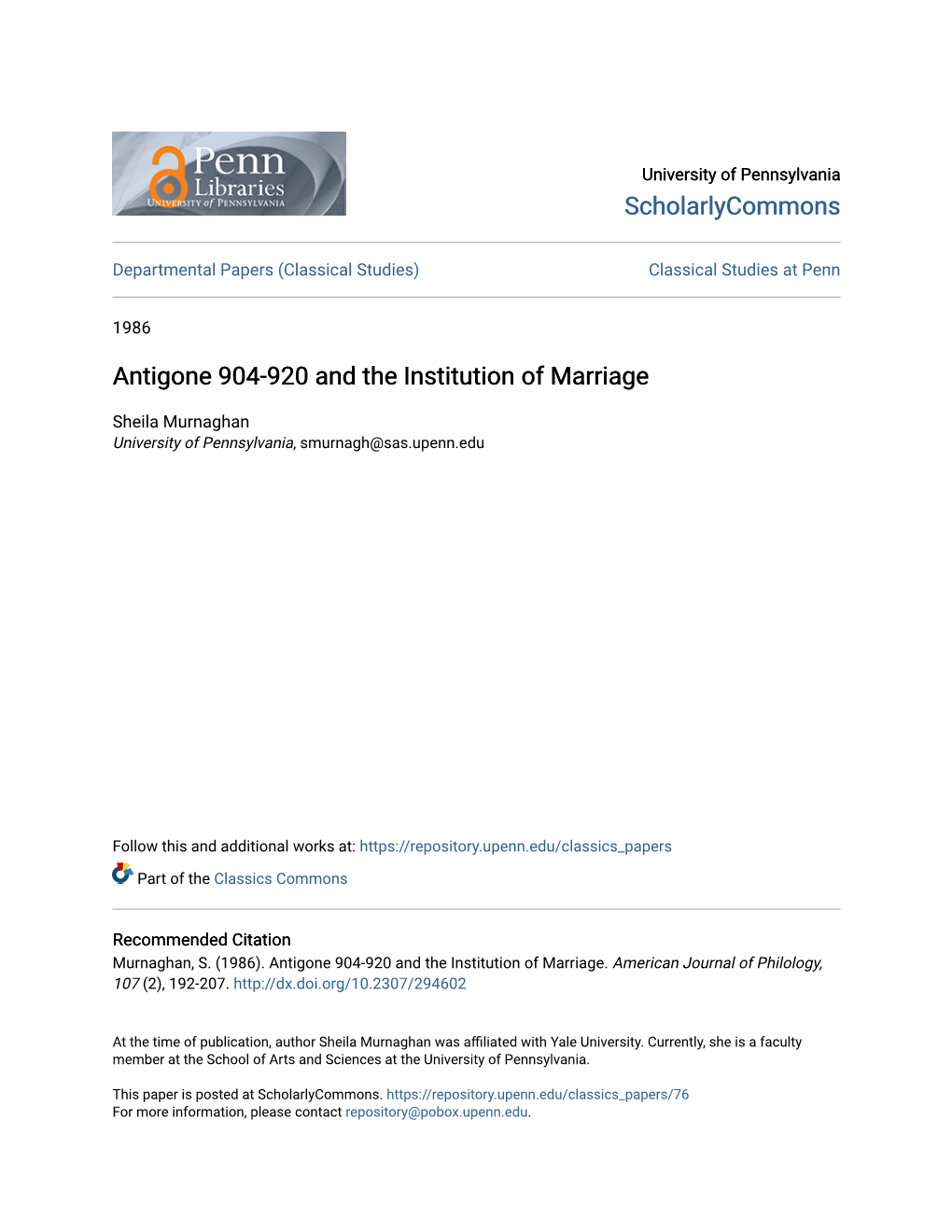 Antigone 904-920 and the Institution of Marriage