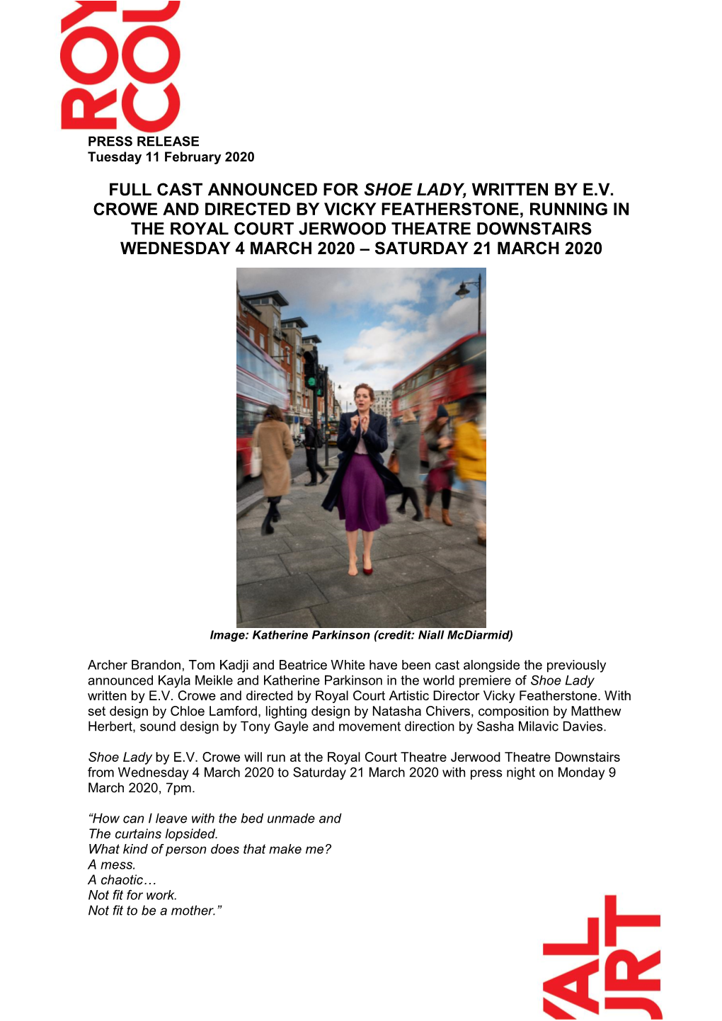 Full Cast Announced for Shoe Lady, Written by E.V. Crowe and Directed by Vicky Featherstone, Running in the Royal Court Jerwood