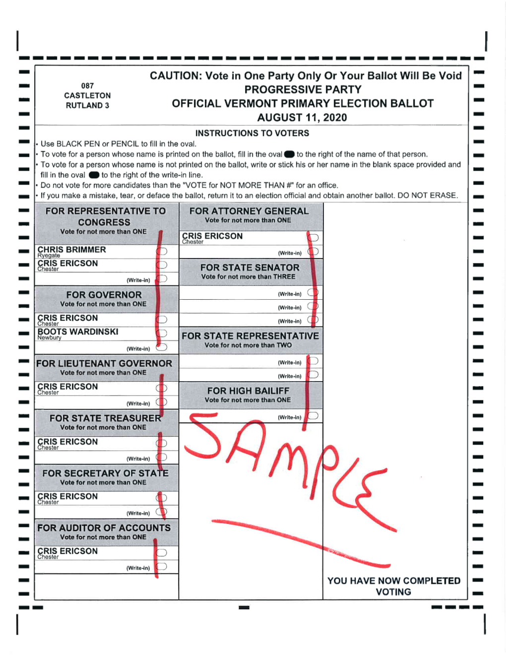 CASTLETON I RUTLAND S OFFICIAL VERMONT PRIMARY ELEGTION BALLOTI I AUGUST 11,2020 I I I INSTRUCTIONS to VOTERS I Use BLACK PEN Or PENCIL to Fill in the Oval