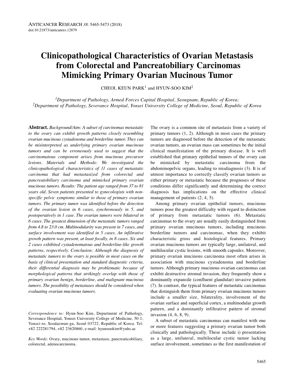 Clinicopathological Characteristics of Ovarian Metastasis from Colorectal and Pancreatobiliary Carcinomas Mimicking Primary Ovar