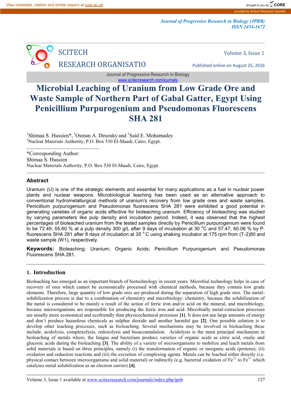 Microbial Leaching of Uranium from Low Grade Ore and Waste Sample