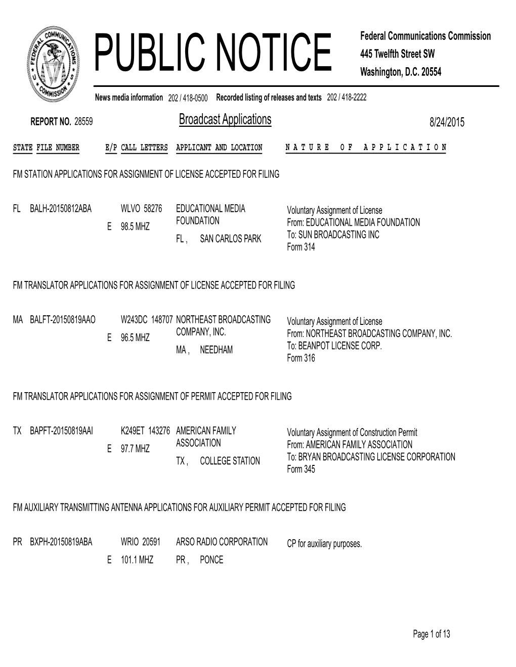 Broadcast Applications 8/24/2015