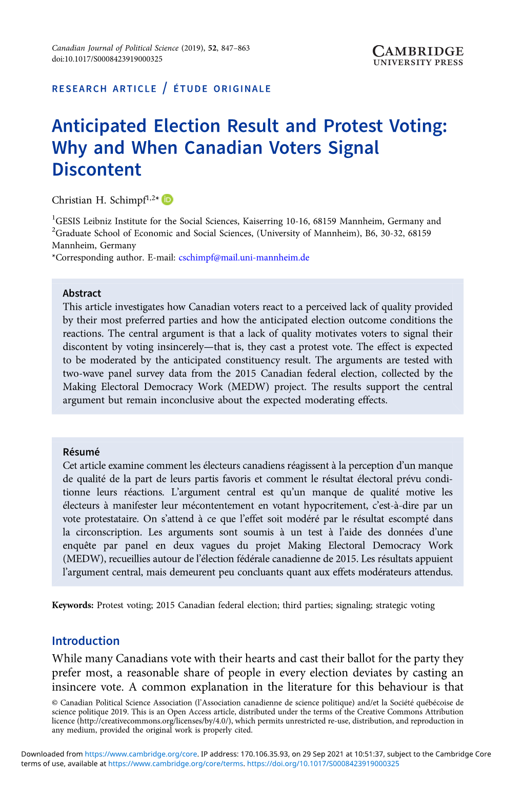 Anticipated Election Result and Protest Voting: Why and When Canadian Voters Signal Discontent