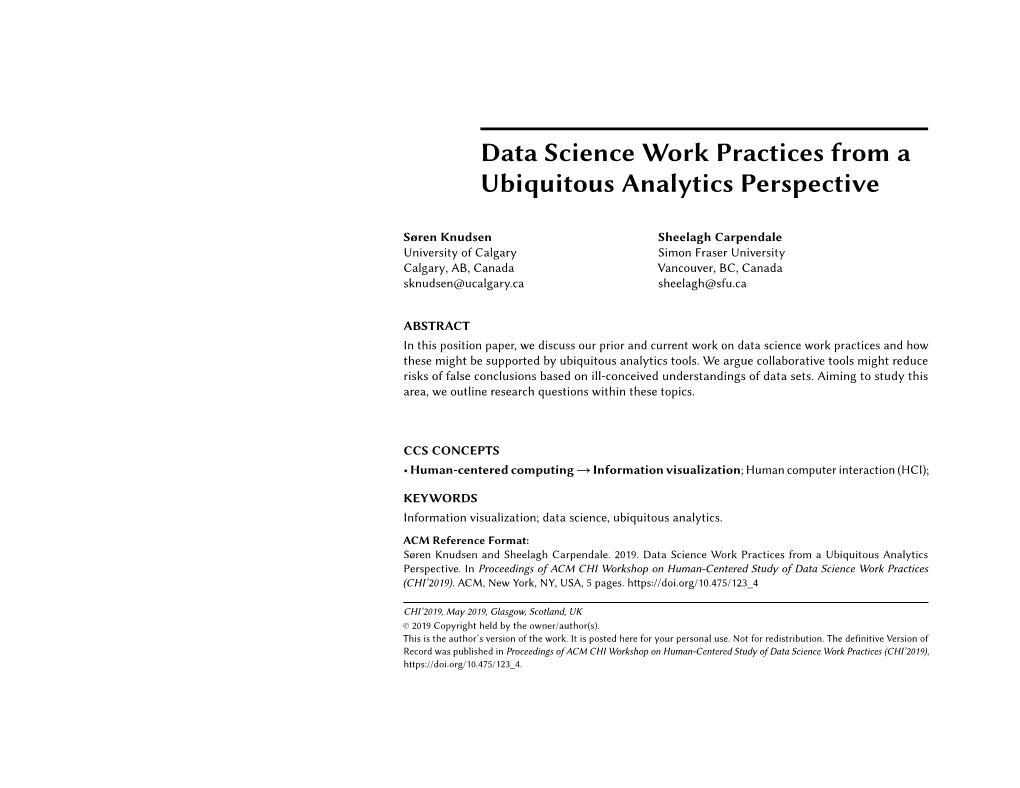 Data Science Work Practices from a Ubiquitous Analytics Perspective