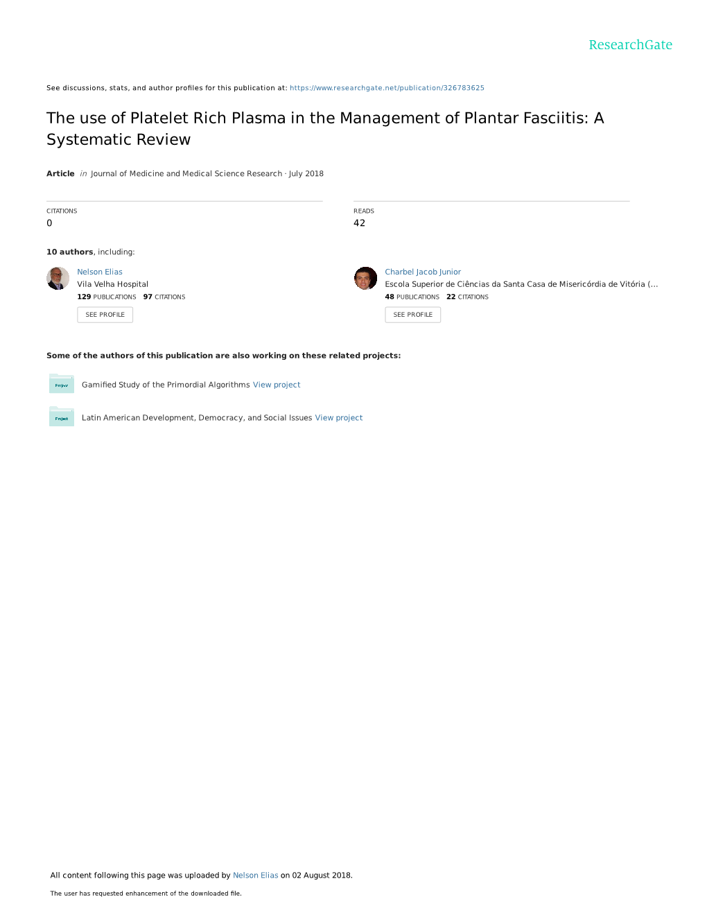 The Use of Platelet Rich Plasma in the Management of Plantar Fasciitis: a Systematic Review