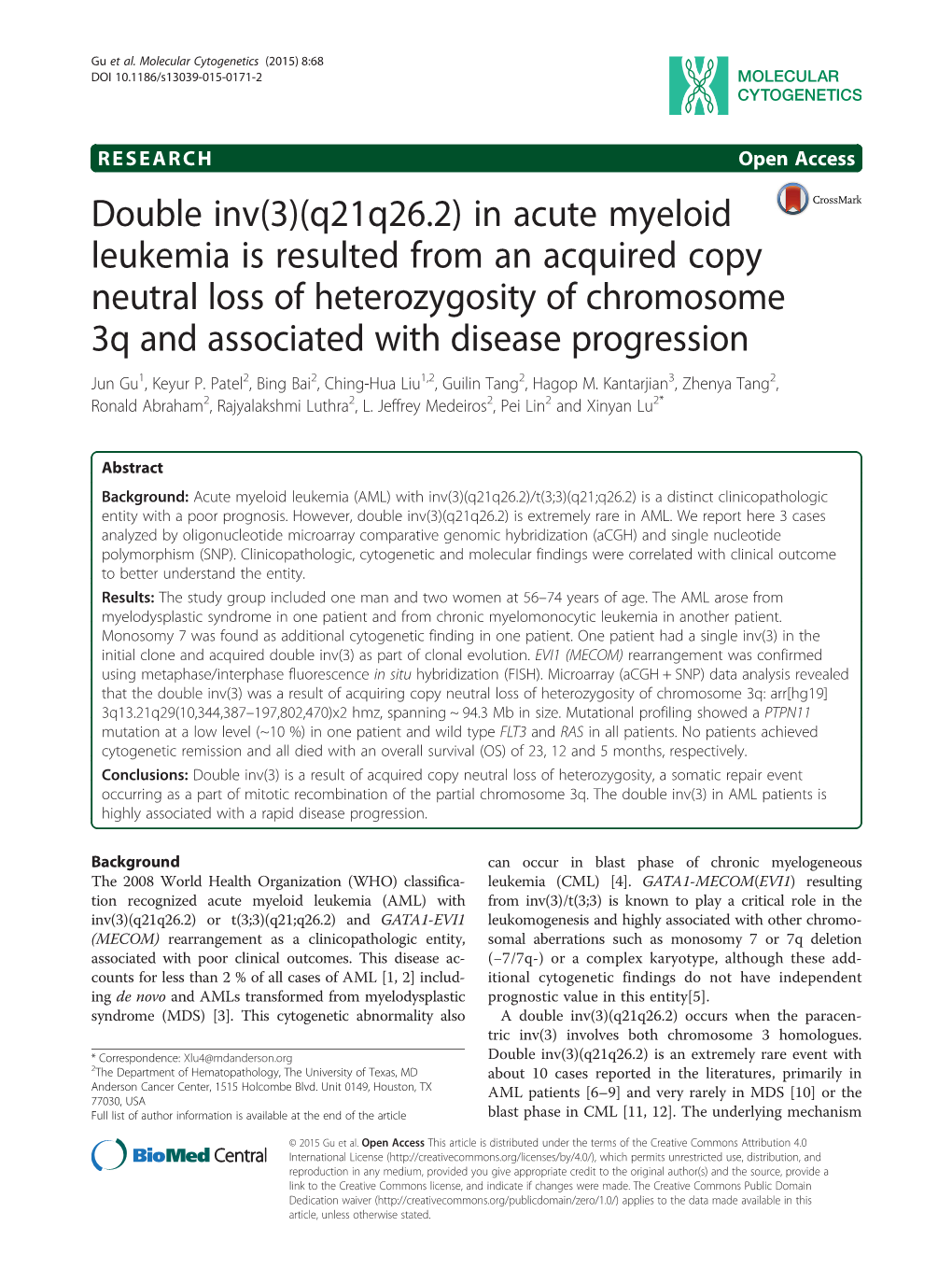 Double Inv(3)(Q21q26.2) in Acute Myeloid Leukemia Is Resulted From