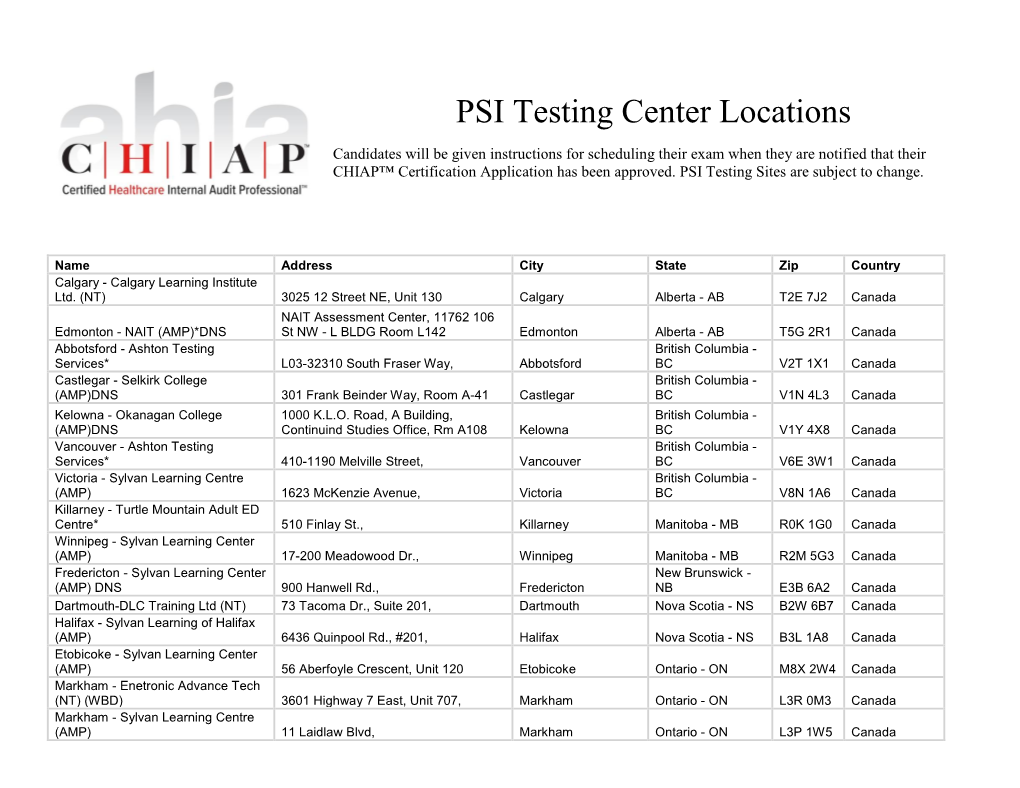 PSI Testing Center Locations