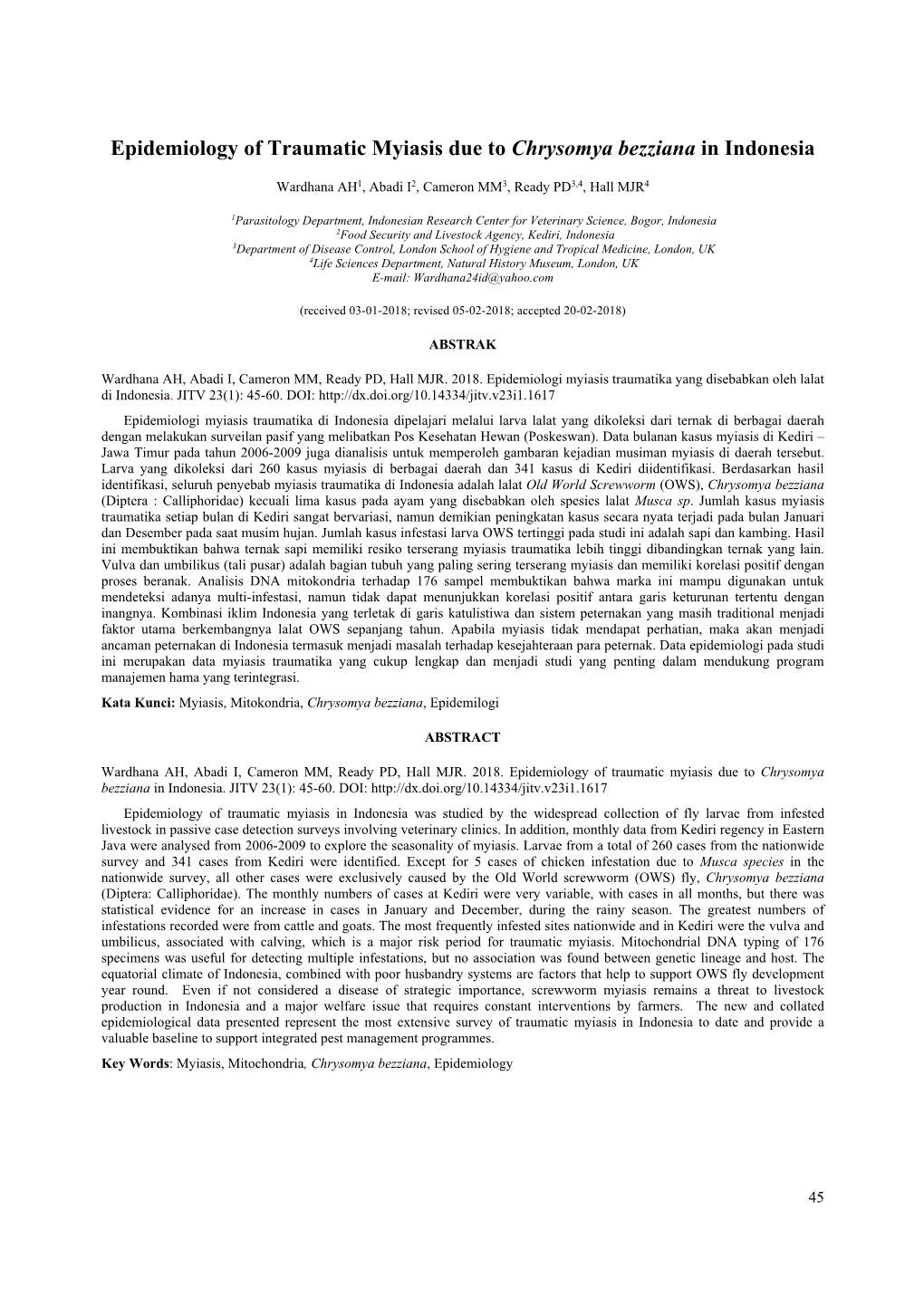 Epidemiology of Traumatic Myiasis Due to Chrysomya Bezziana in Indonesia