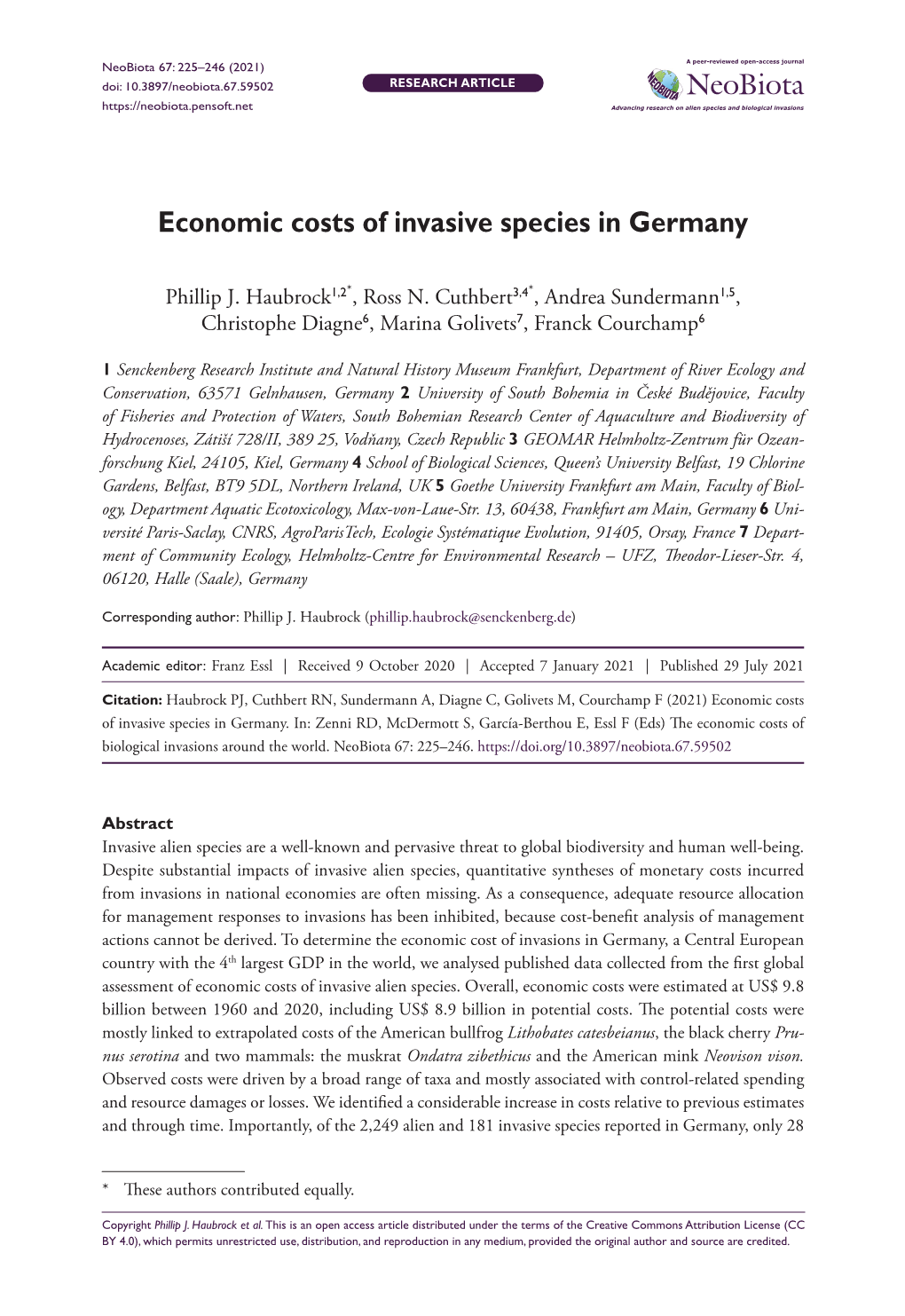 ﻿Economic Costs of Invasive Species in Germany