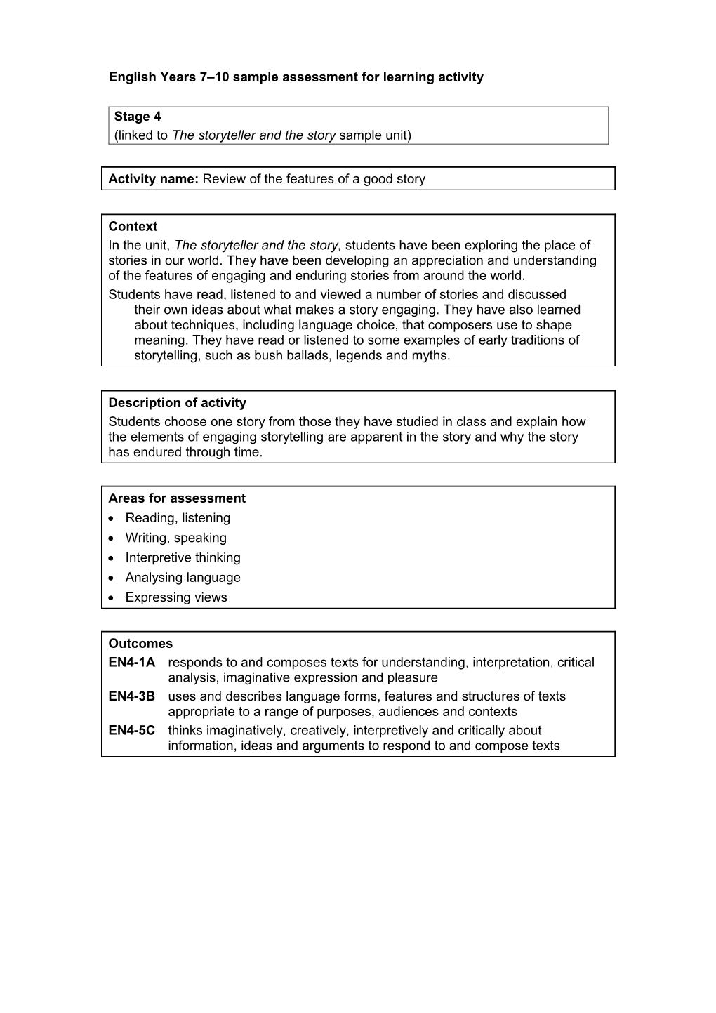 English Years 7 10 Sample Assessment for Learning Activity