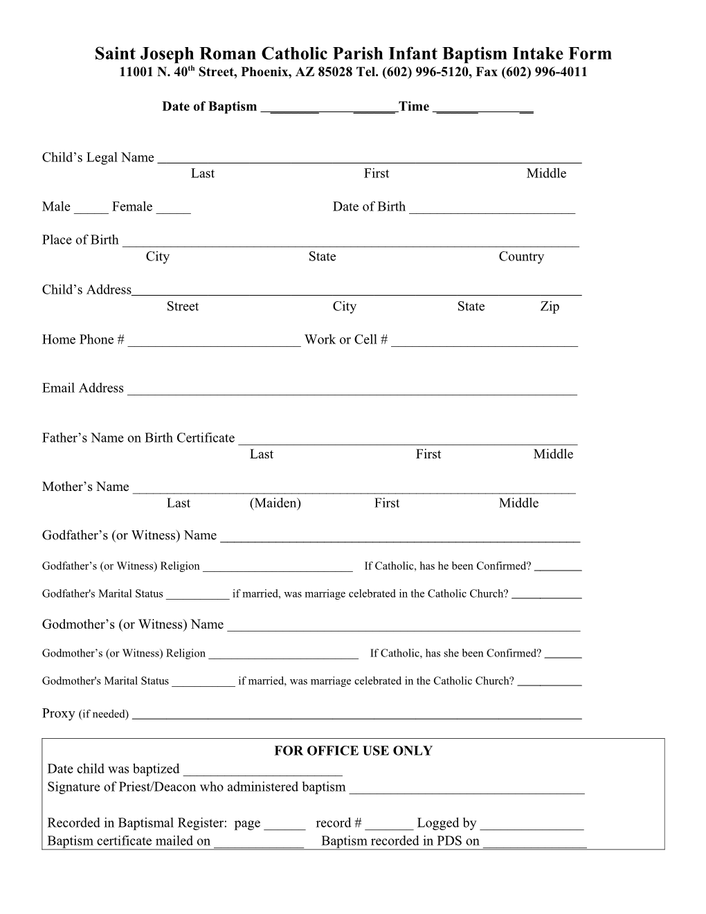 Saint Joseph Roman Catholic Parish Infant Baptism Intake Form