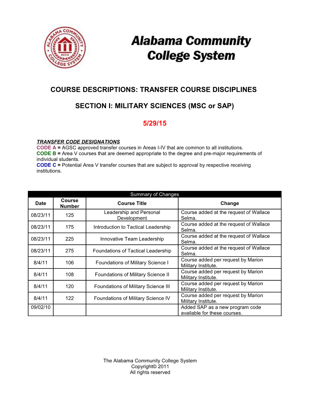 SECTION I: MILITARY SCIENCES (MSC Or SAP)