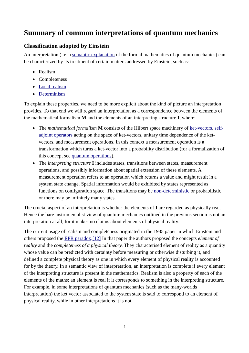 Summary of Common Interpretations of Quantum Mechanics