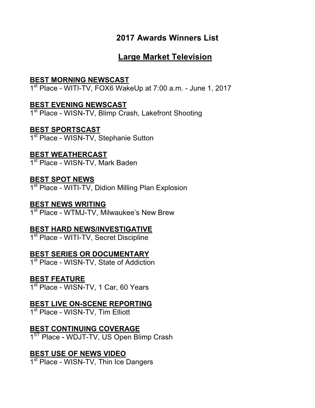 2017 Awards Winners List Large Market Television