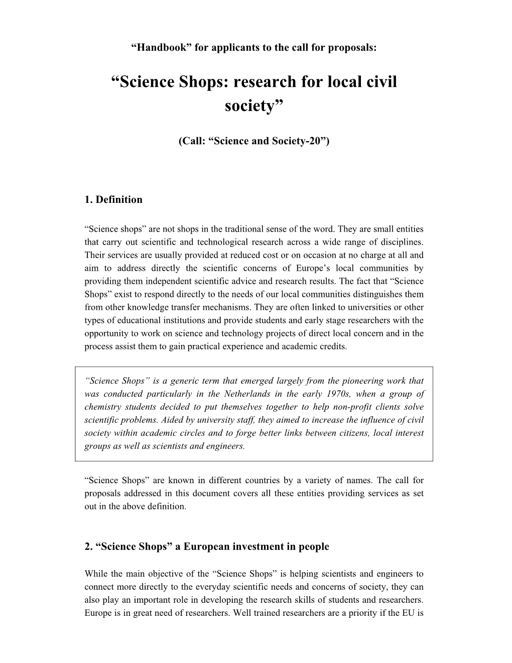 “Science Shops: Research for Local Civil Society”