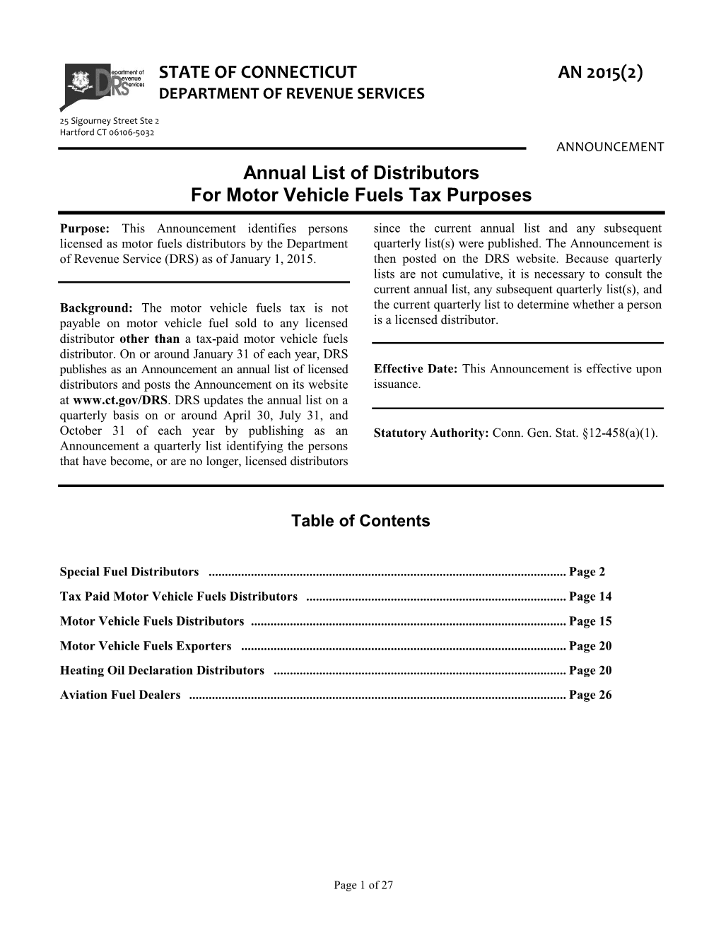 State of Connecticut an 2015(2) Department of Revenue Services