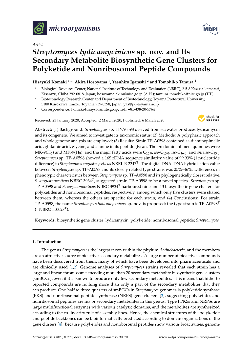 Streptomyces Lydicamycinicus Sp. Nov. and Its Secondary Metabolite Biosynthetic Gene Clusters for Polyketide and Nonribosomal Peptide Compounds