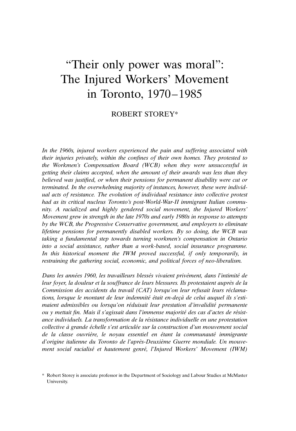 The Injured Workers' Movement in Toronto, 1970–1985