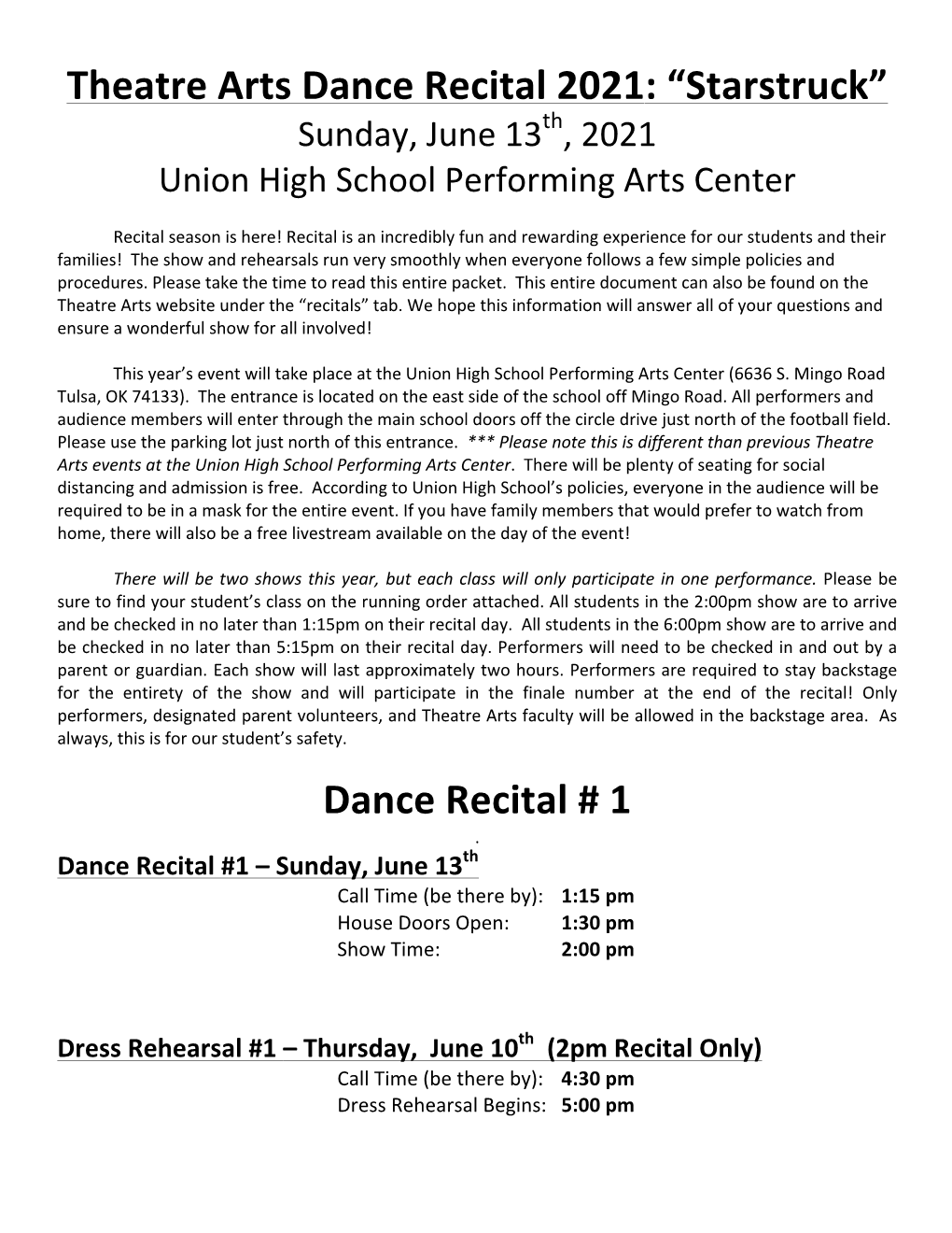 Theatre Arts Dance Recital 2021: “Starstruck” Sunday, June 13Th, 2021 Union High School Performing Arts Center