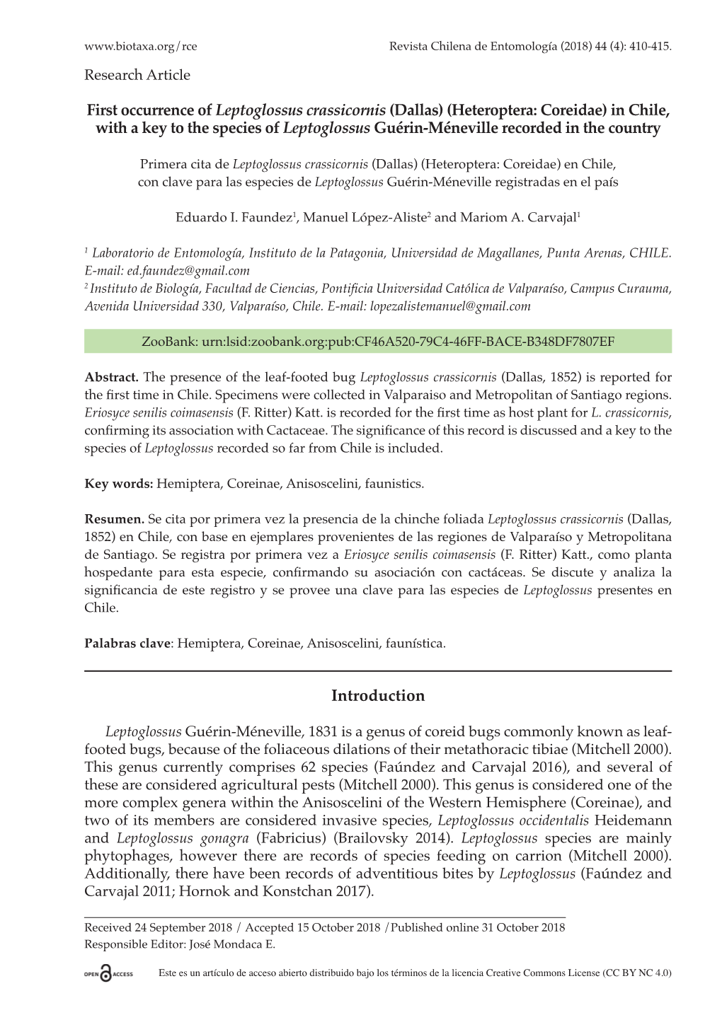 Heteroptera: Coreidae) in Chile, with a Key to the Species of Leptoglossus Guérin-Méneville Recorded in the Country