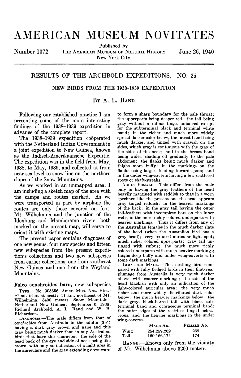 AMERICAN MUSEUM NOVITATES Published by Number 1072 the AMERICAN MUSEUM of NATURAL HISTORY June 26, 1940 New York City