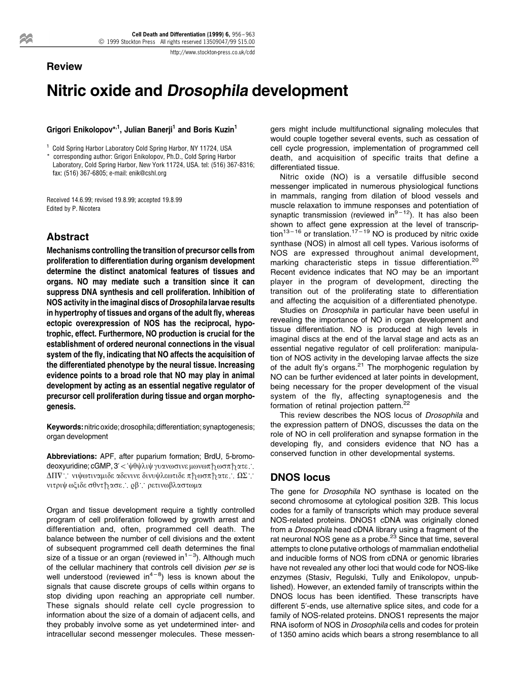 Nitric Oxide and Drosophila Development