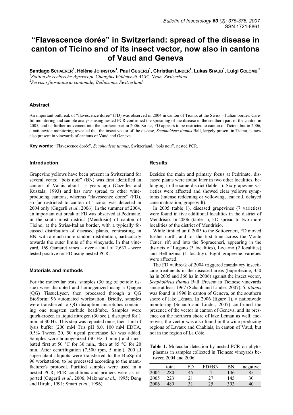 “Flavescence Dorée” in Switzerland: Spread of the Disease in Canton of Ticino and of Its Insect Vector, Now Also in Cantons of Vaud and Geneva