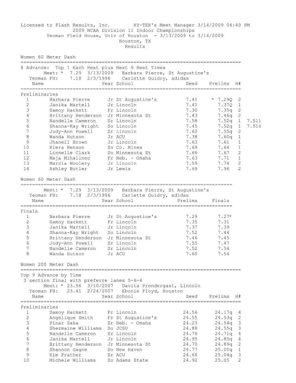 Licensed to Flash Results, Inc. HY-TEK's Meet Manager 3/14/2009