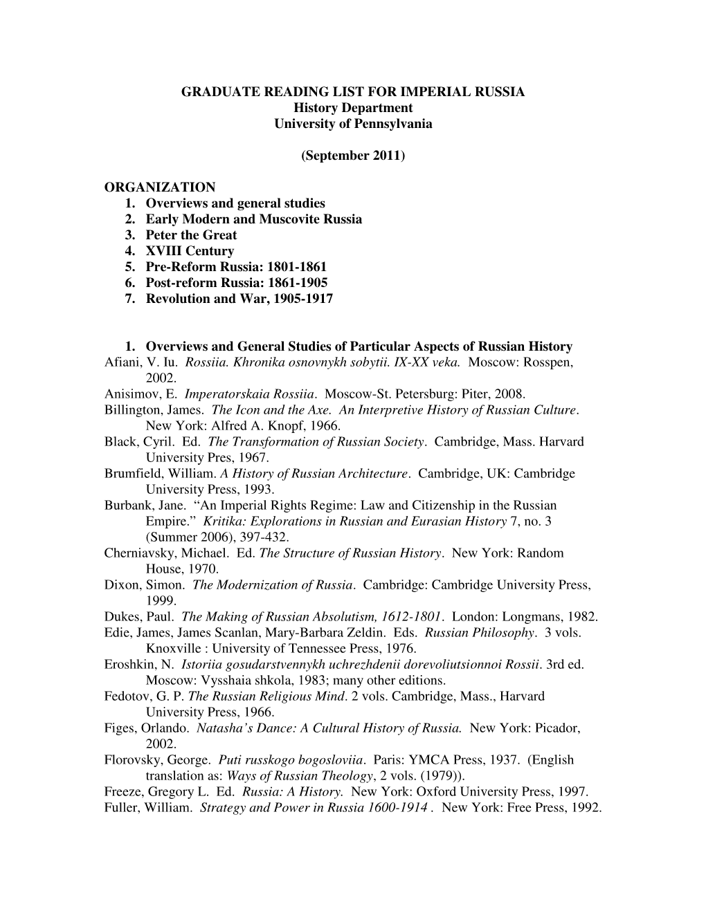 Suggested Readings for Phd Qualifying Exam in Imperial Russia