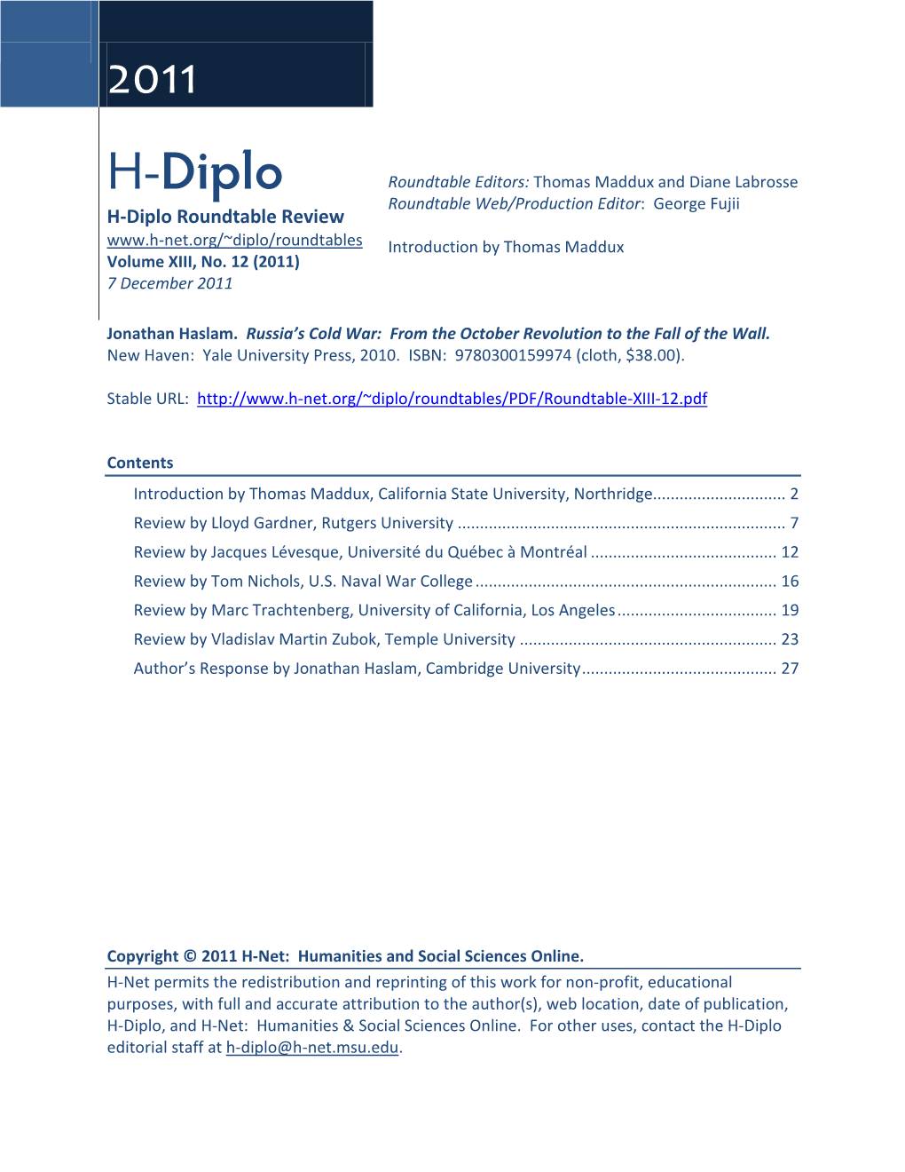 H-Diplo Roundtables, Vol. XIII, No. 12 (2011)