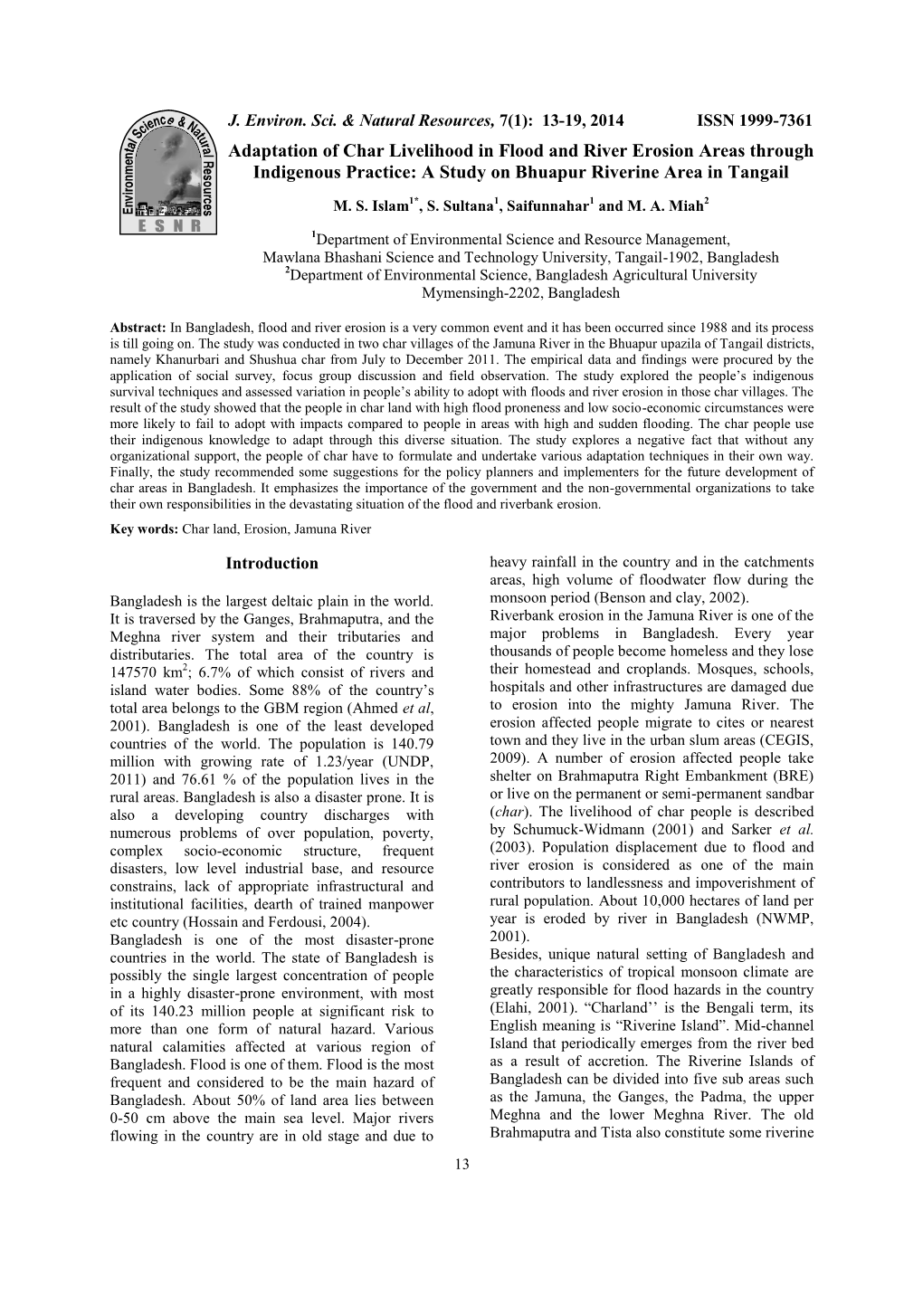 Adaptation of Char Livelihood in Flood and River Erosion Areas Through Indigenous Practice: a Study on Bhuapur Riverine Area in Tangail