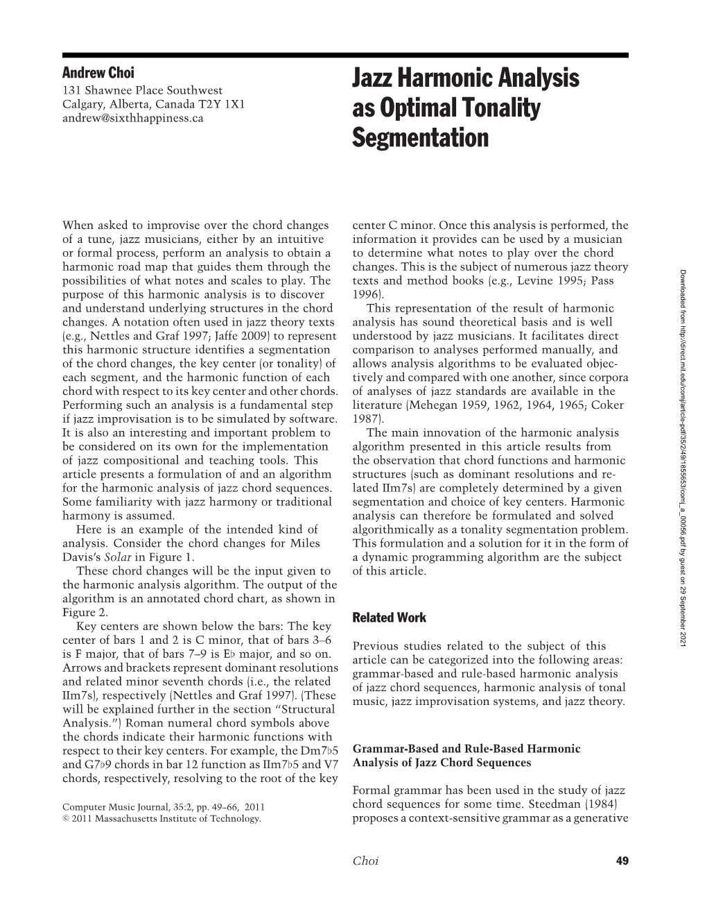 Jazz Harmonic Analysis As Optimal Tonality Segmentation