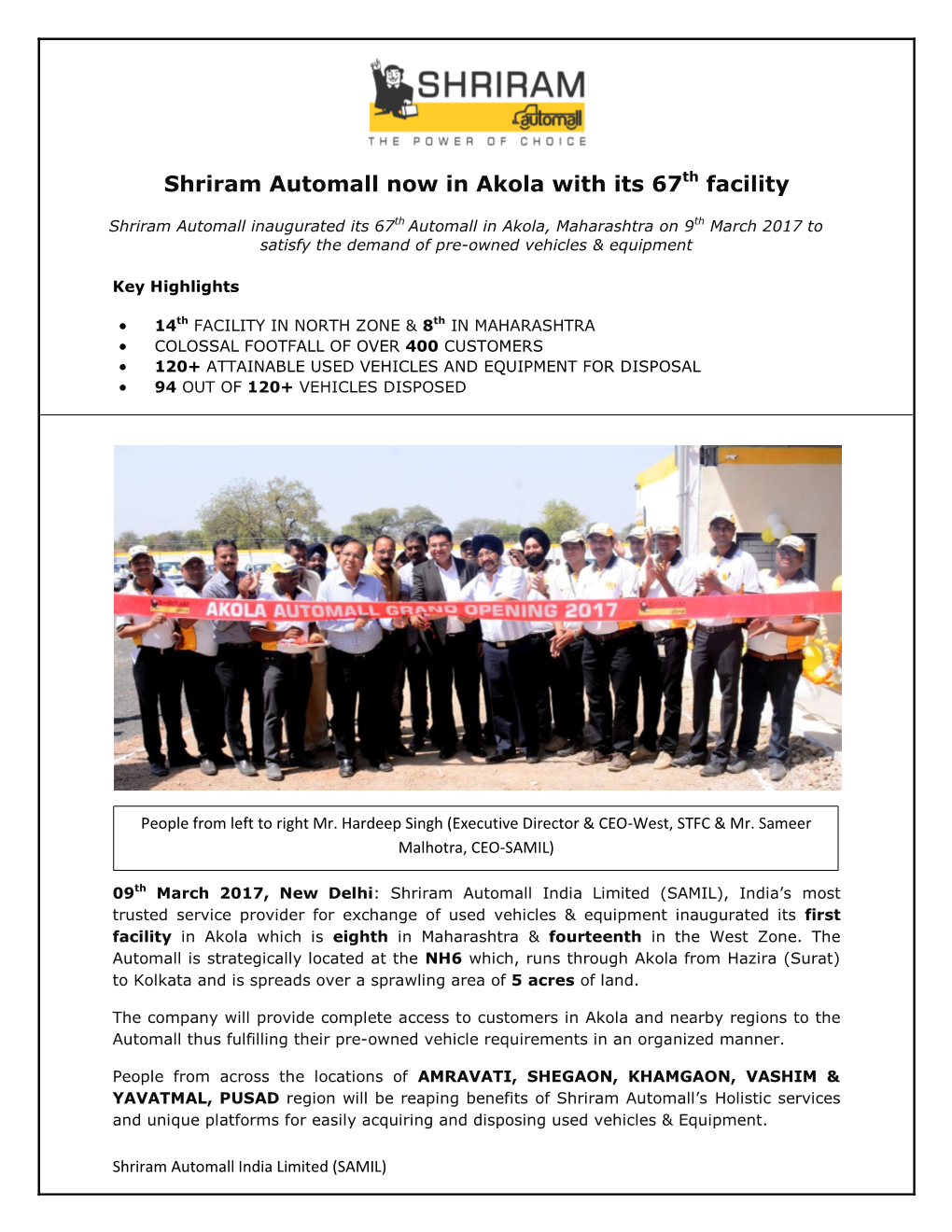 Shriram Automall Now in Akola with Its 67Th Facility