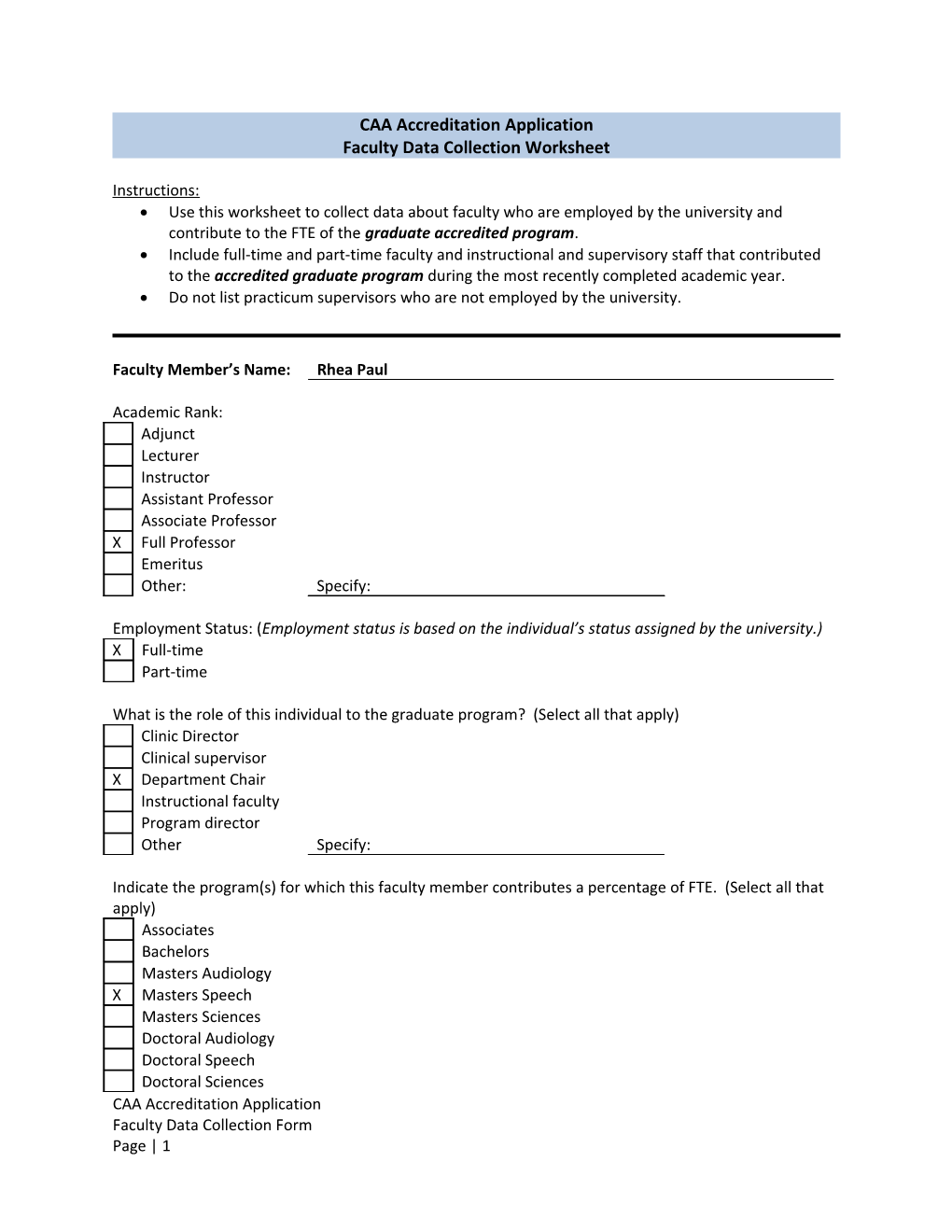 CAA Accreditation Application: Faculty Data Collection Worksheet