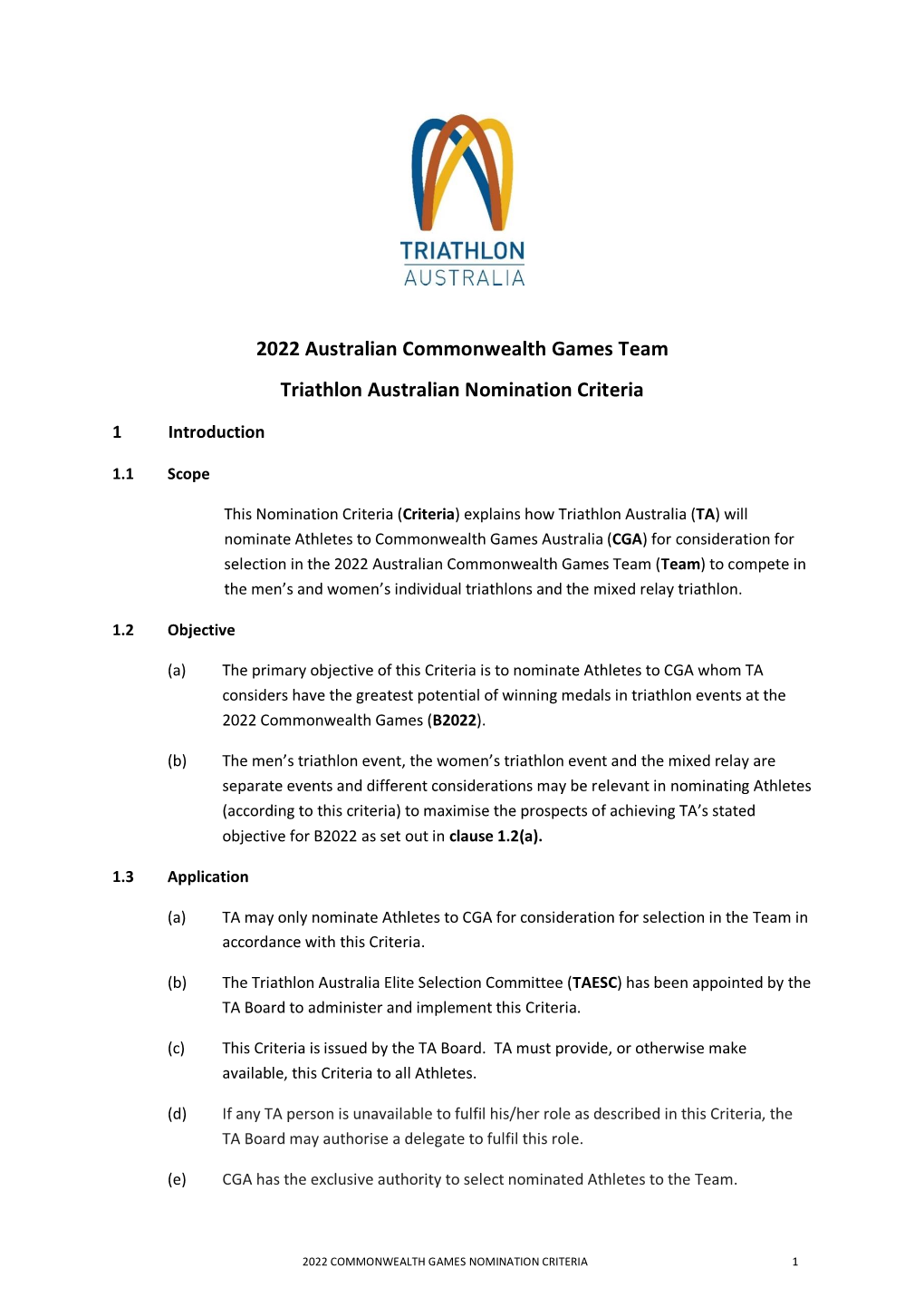 2022 Australian Commonwealth Games Team Triathlon Australian Nomination Criteria