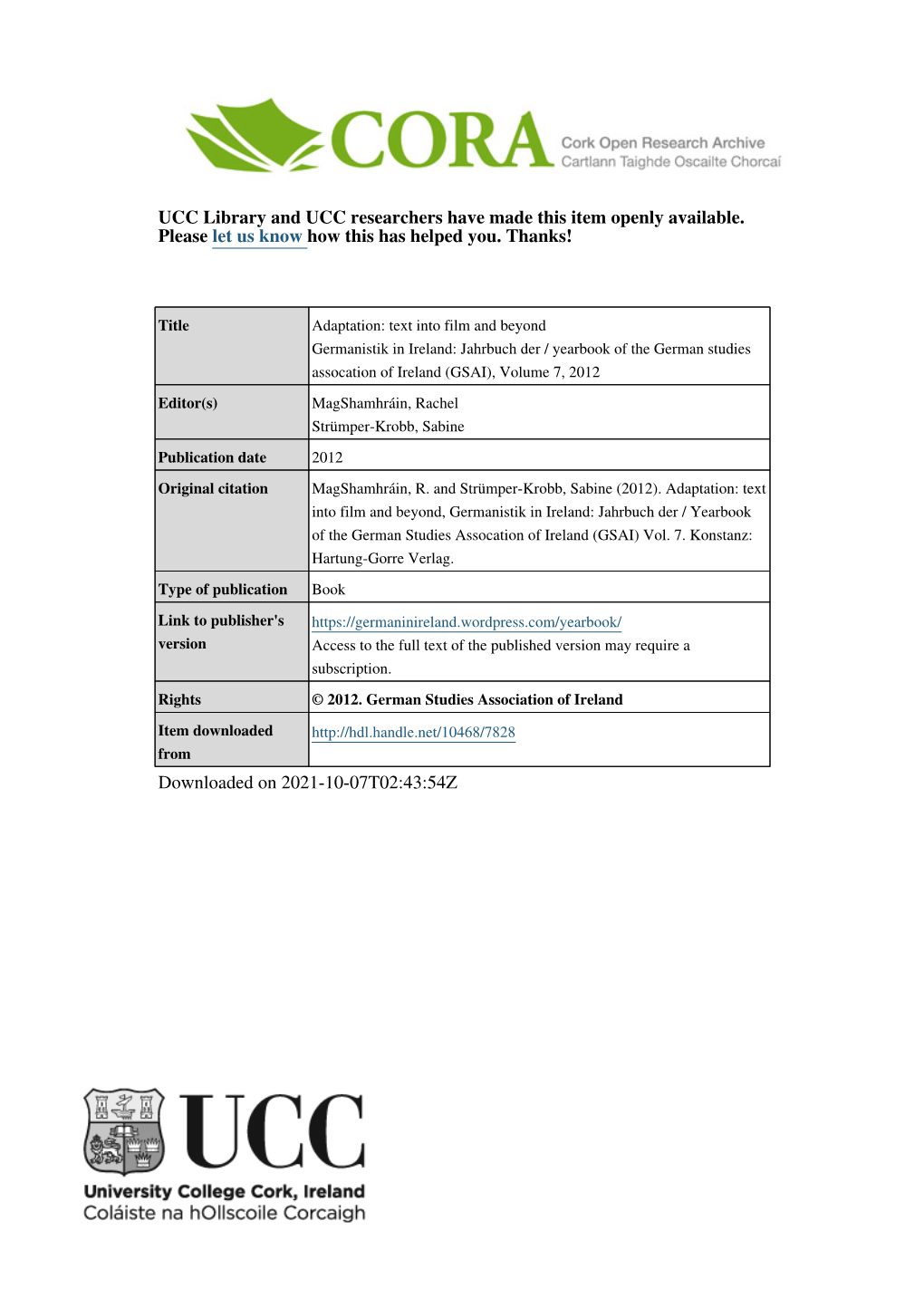 Text Into Film and Beyond Germanistik in Ireland: Jahrbuch Der / Yearbook of the German Studies Assocation of Ireland (GSAI), Volume 7, 2012