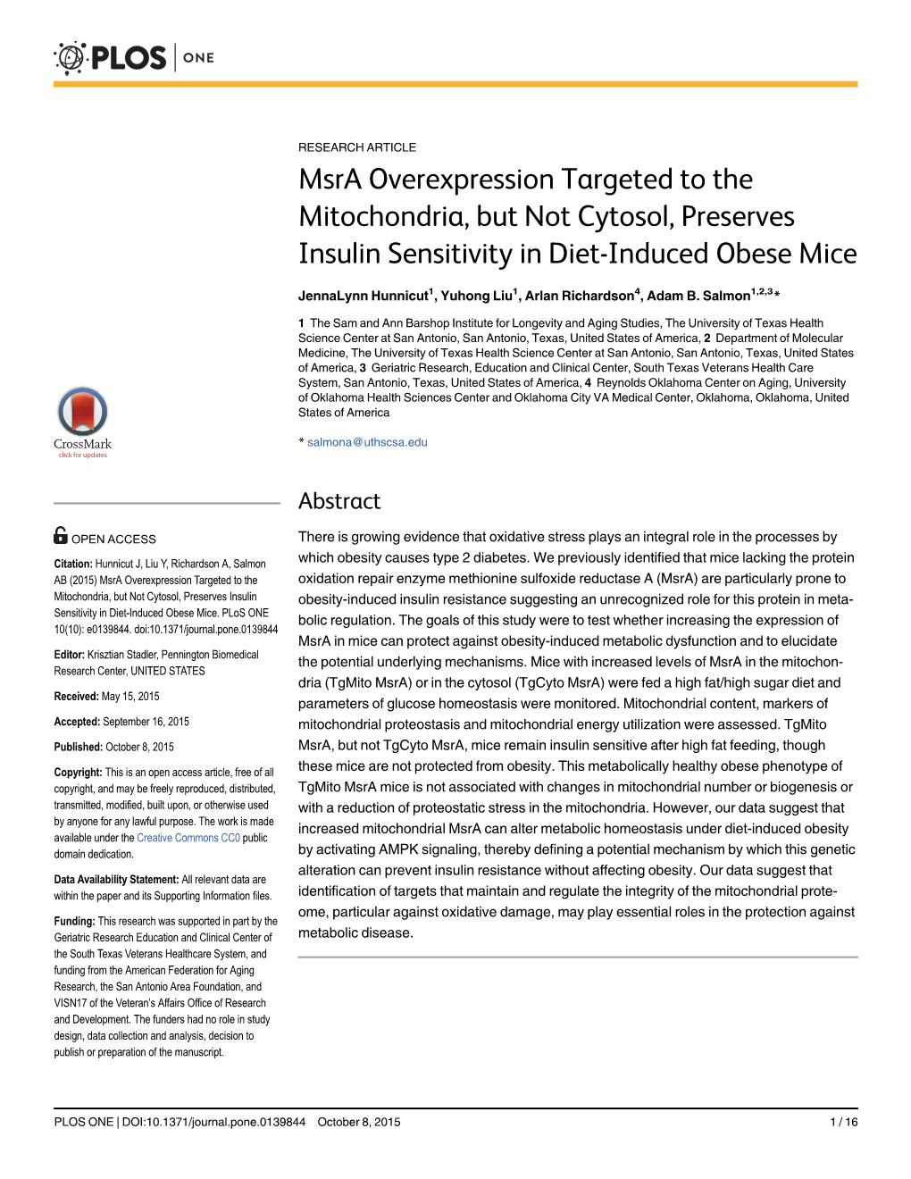 Msra Overexpression Targeted to the Mitochondria, but Not Cytosol, Preserves Insulin Sensitivity in Diet-Induced Obese Mice