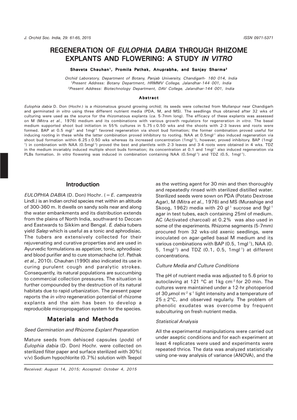 REGENERATION of EULOPHIA DABIA THROUGH RHIZOME EXPLANTS and FLOWERING.Pmd