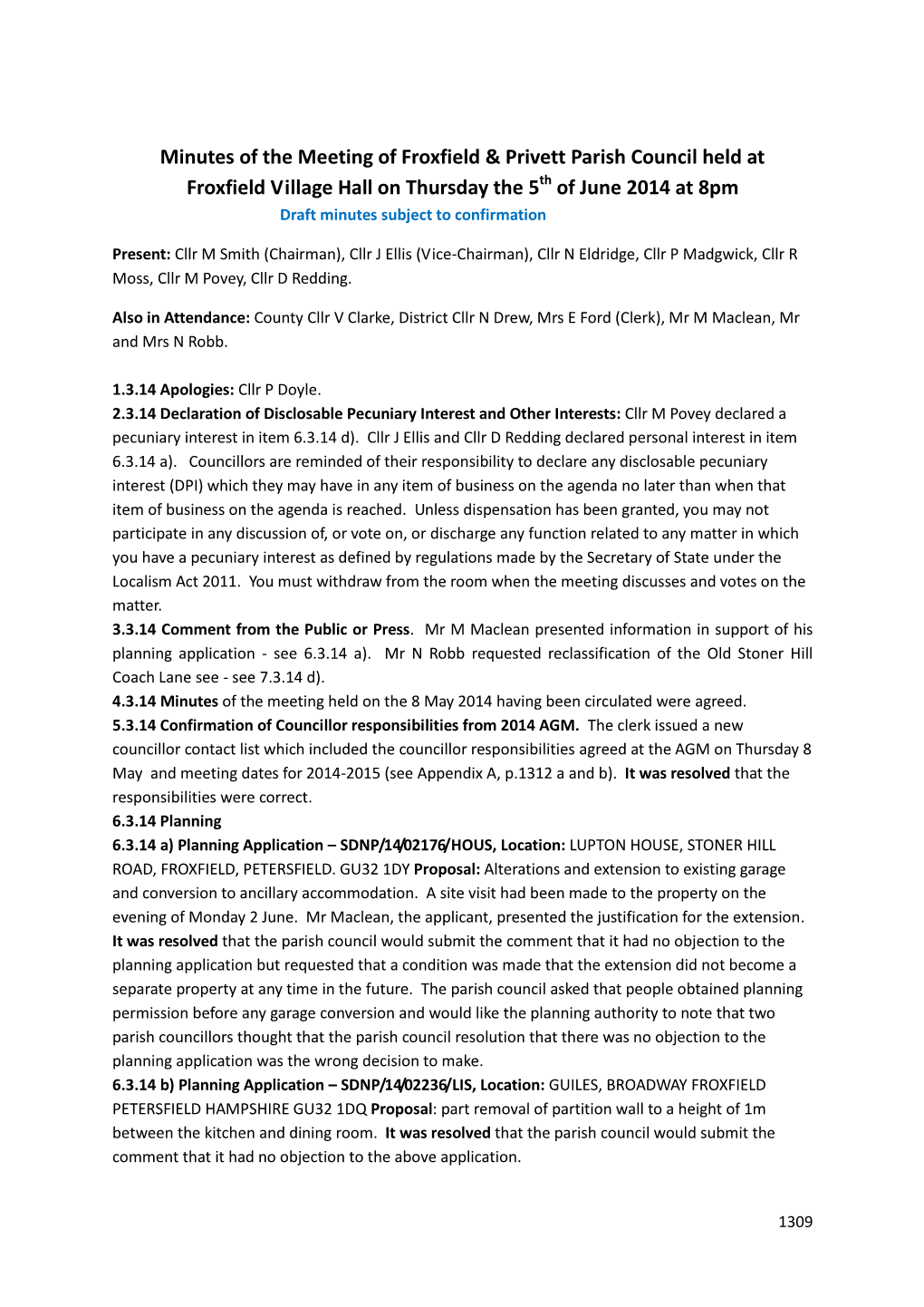 Minutes of the Meeting of Froxfield & Privett Parish Council Held At