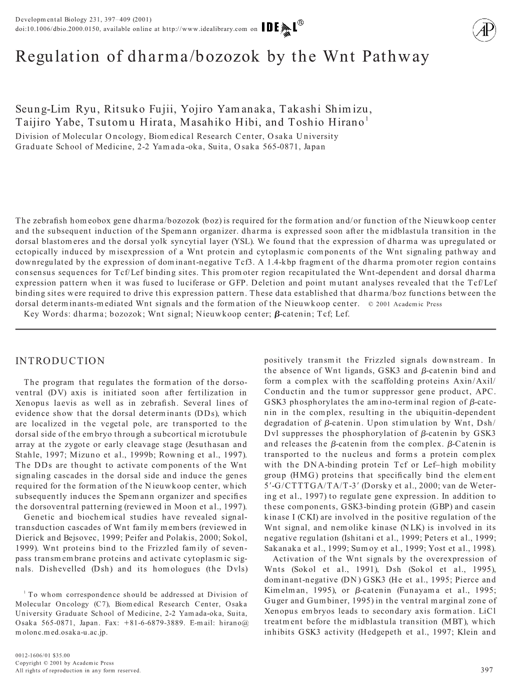 Regulation of Dharma/Bozozok by the Wnt Pathway