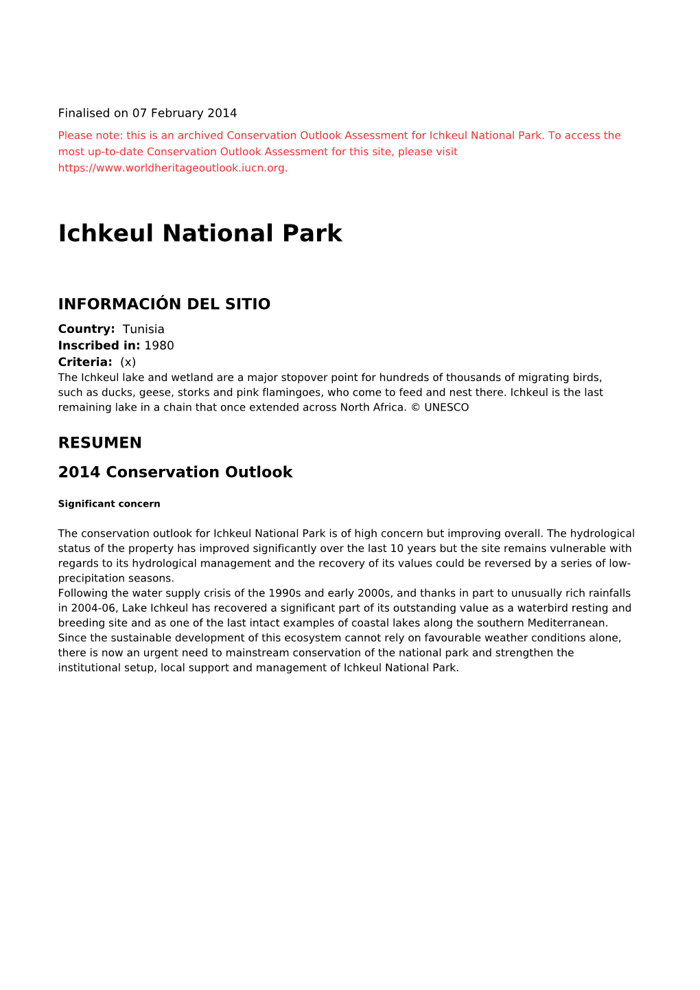 Ichkeul National Park - 2014 Conservation Outlook Assessment (Archived)