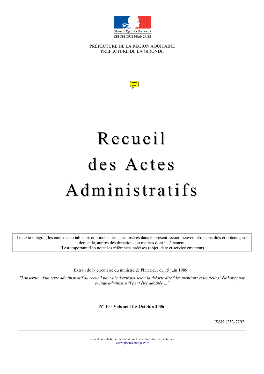 Recueil Des Actes Administratifs N° 10 – Volume I Bis – Octobre 2006 – Page 2