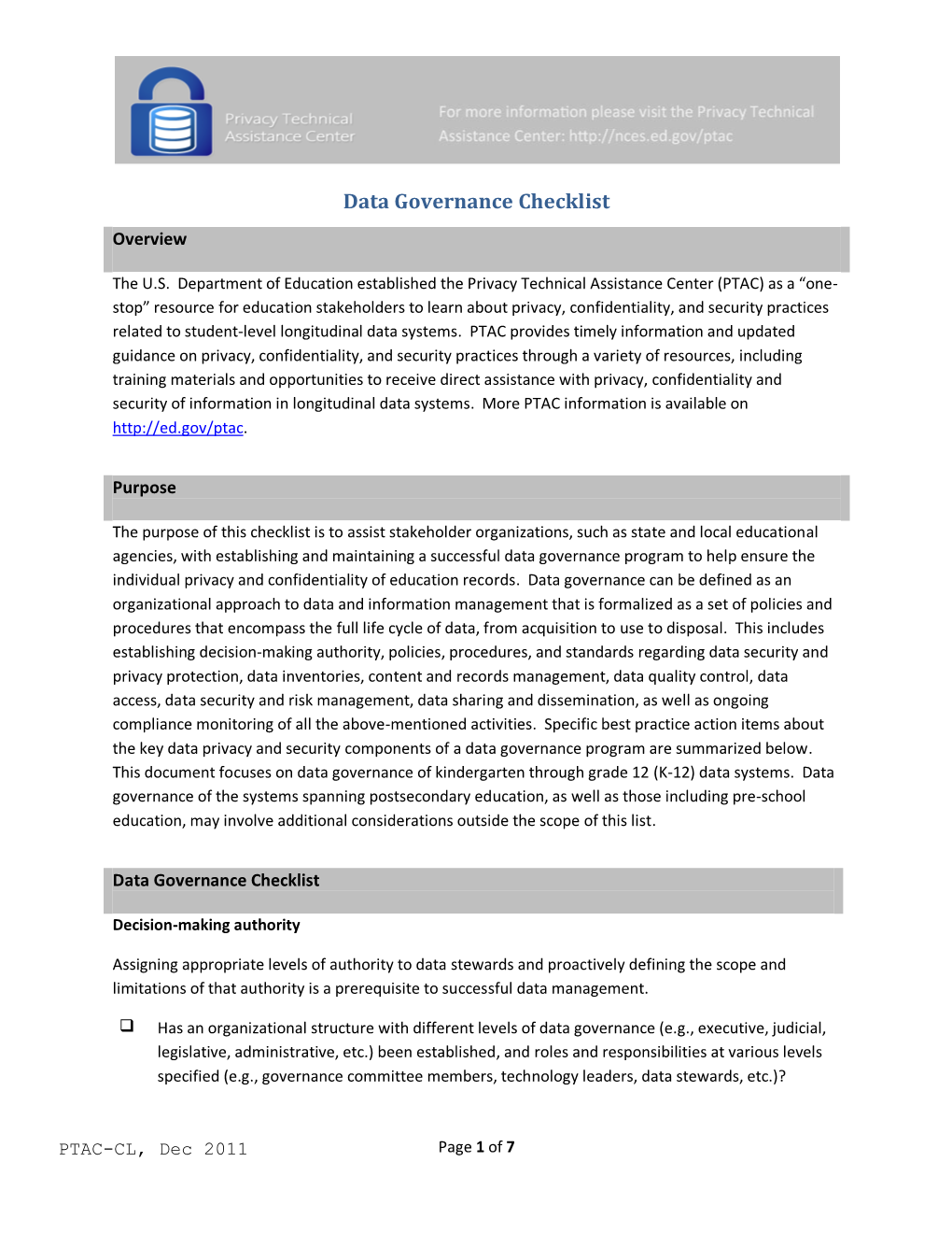 Data Governance Checklist Overview