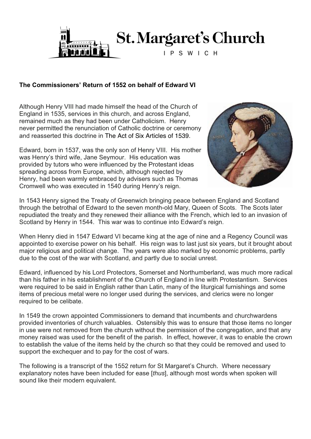 The Commissioners' Return of 1552 on Behalf of Edward VI Although