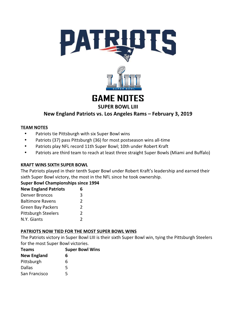 GAME NOTES SUPER BOWL LIII New England Patriots Vs