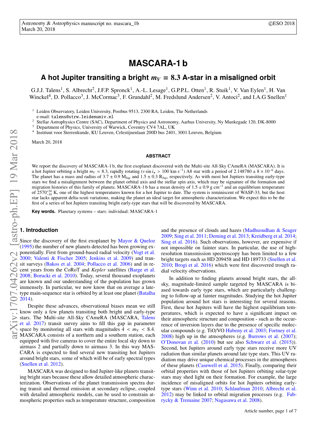 Arxiv:1707.04262V2 [Astro-Ph.EP] 19 Mar 2018 Equipped with ﬁve Cameras to Cover the Entire Local Sky Down to O’Donovan Et Al.(2010) but See Also Schwarz Et Al.(2015))