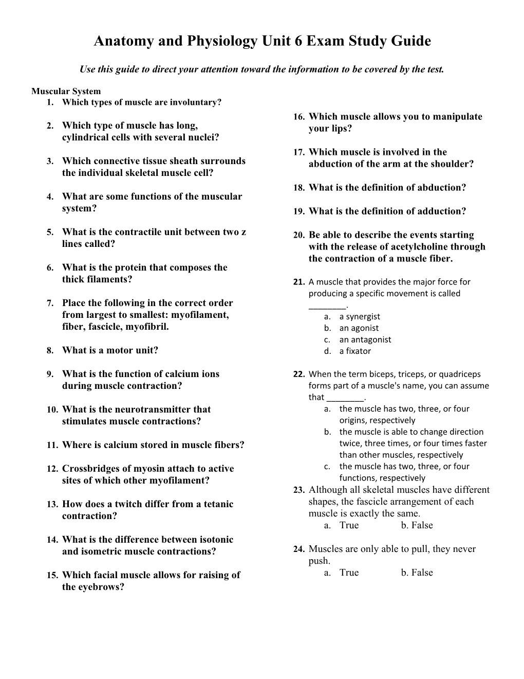 Anatomy and Physiology Unit 6 Exam Study Guide