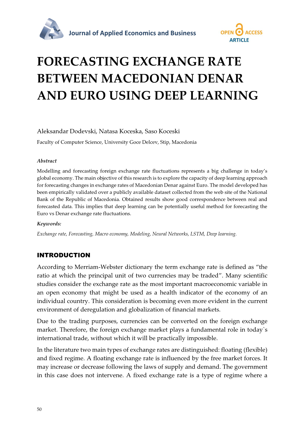 Forecasting Exchange Rate Between Macedonian Denar and Euro Using Deep Learning